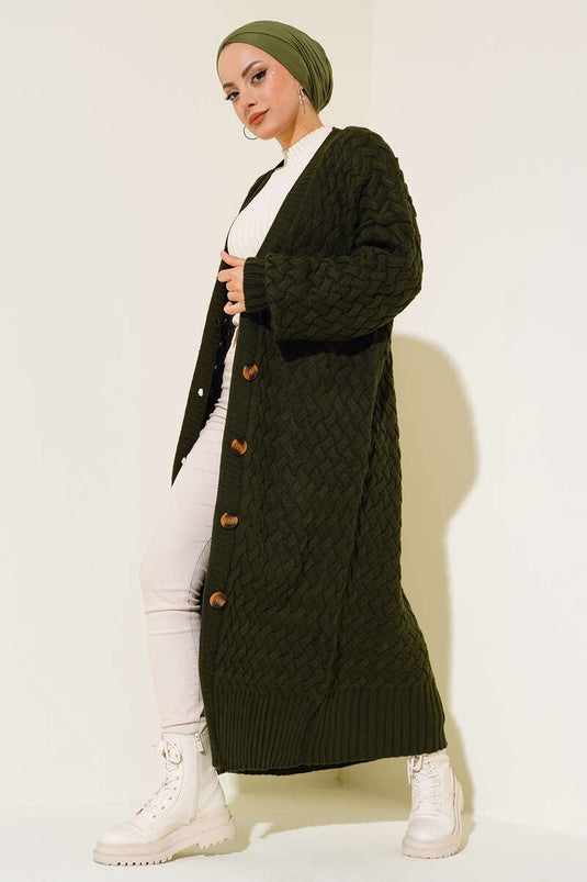 Buttoned Down Basket Knit Long Cardigan Khaki