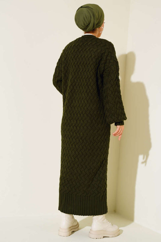 Buttoned Down Basket Knit Long Cardigan Khaki