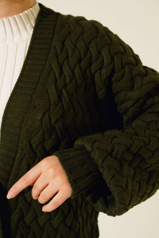 Buttoned Down Basket Knit Long Cardigan Khaki