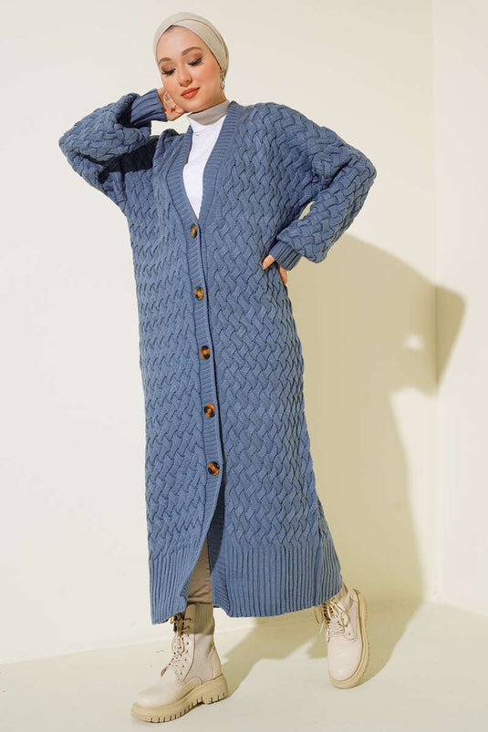 Basket Knit Long Cardigan with Buttons in Indigo