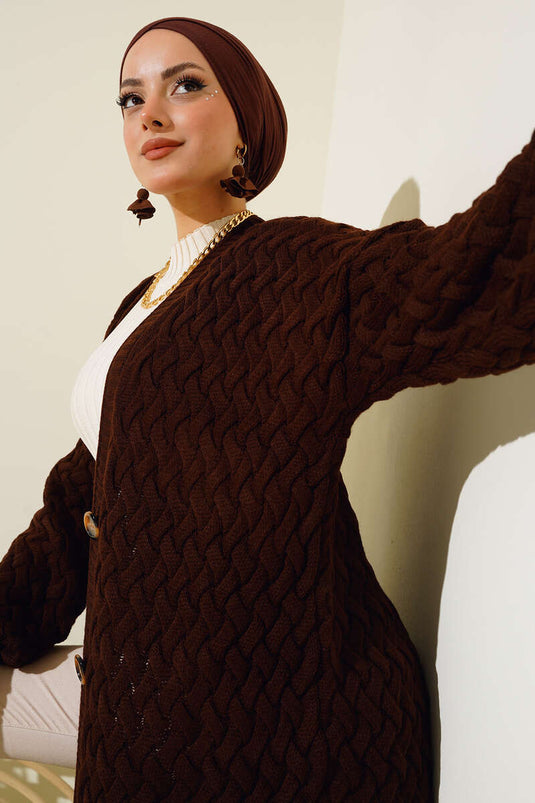 Basket Knit Long Cardigan with Buttons All Along Brown