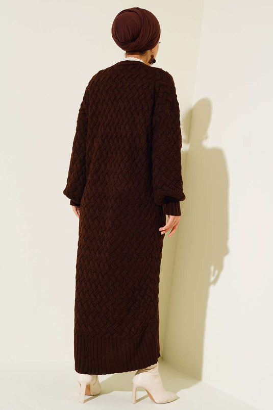 Basket Knit Long Cardigan with Buttons All Along Brown