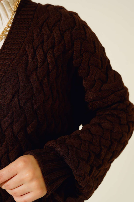 Basket Knit Long Cardigan with Buttons All Along Brown