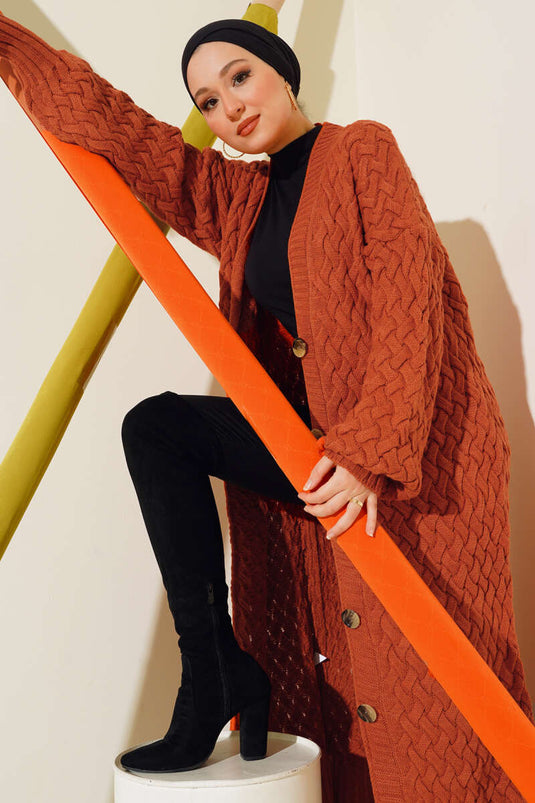 Full-Length Buttoned Basket Weave Long Cardigan, Terracotta