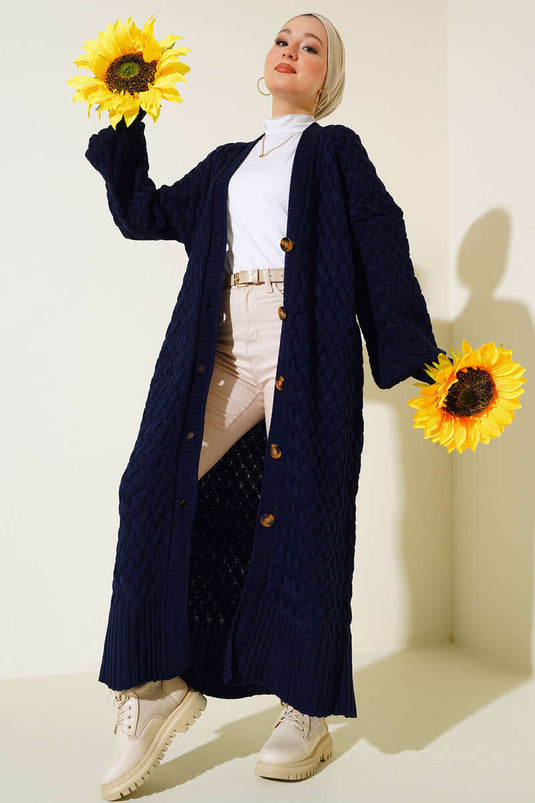 Langer Cardigan im Korbstrickmuster mit durchgehender Knopfleiste, Marineblau