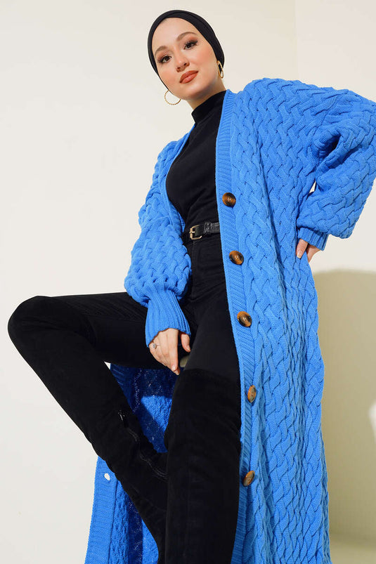 كارديجان طويل محبوك بأزرار باللون الأزرق
