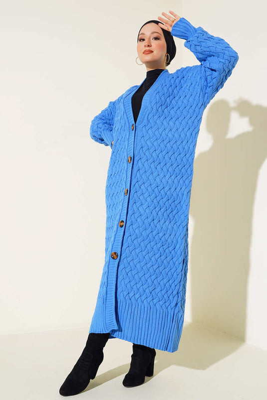 Gilet long bleu à boutons en maille panier