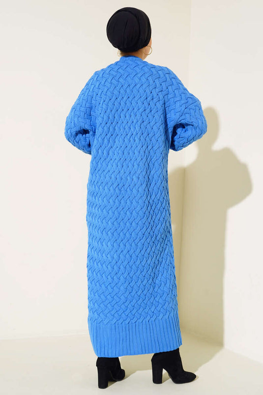 Gilet long bleu à boutons en maille panier