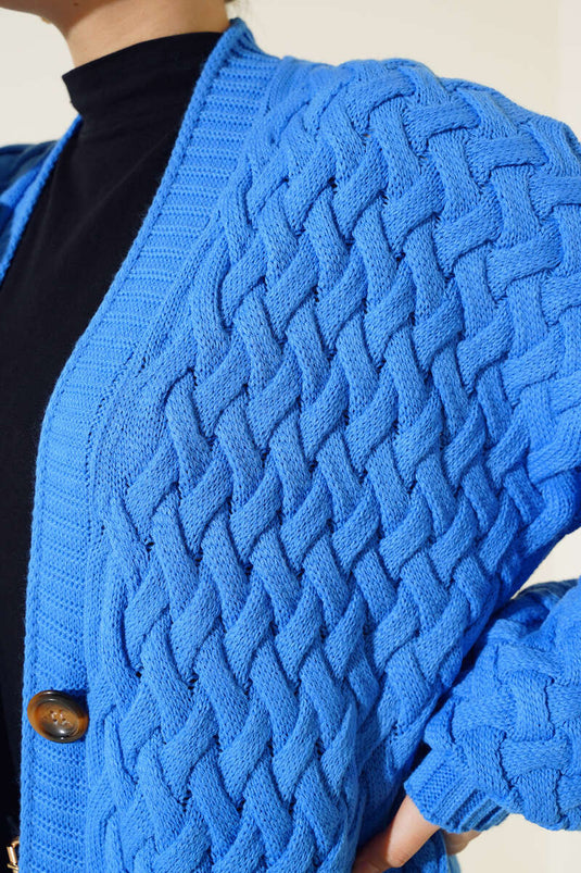 كارديجان طويل محبوك بأزرار باللون الأزرق