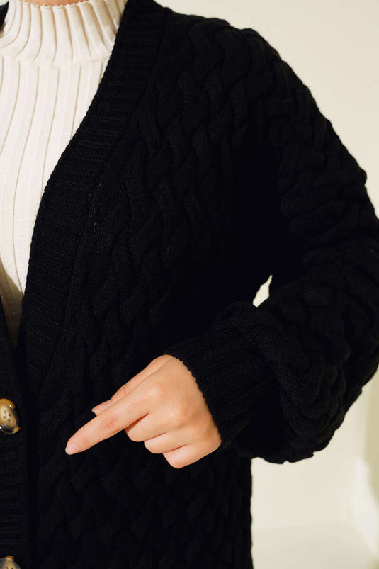 Gilet long en maille panier avec boutons sur toute la surface, noir