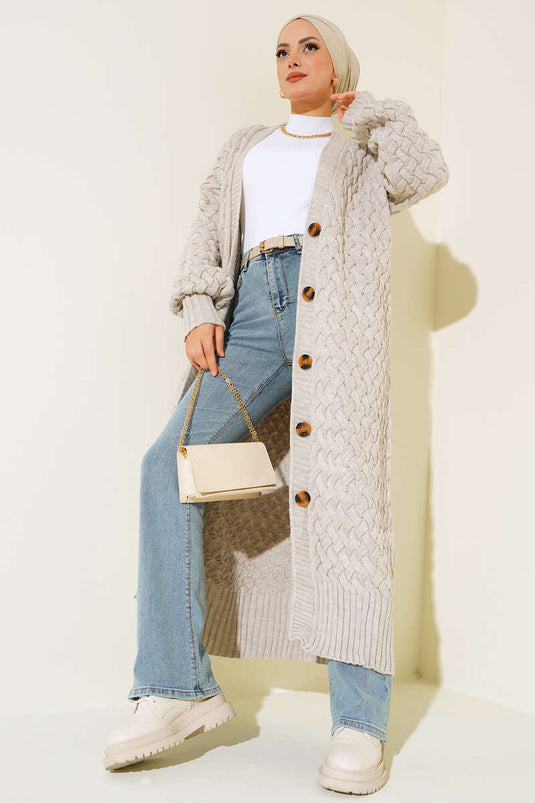 Langer, geknöpfter Cardigan im Korbgeflechtmuster, Farbe: Stone