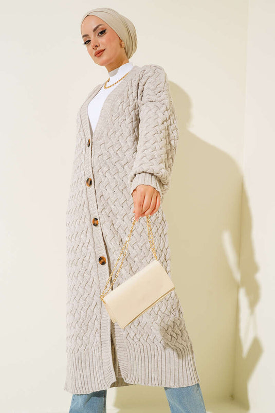 Langer, geknöpfter Cardigan im Korbgeflechtmuster, Farbe: Stone