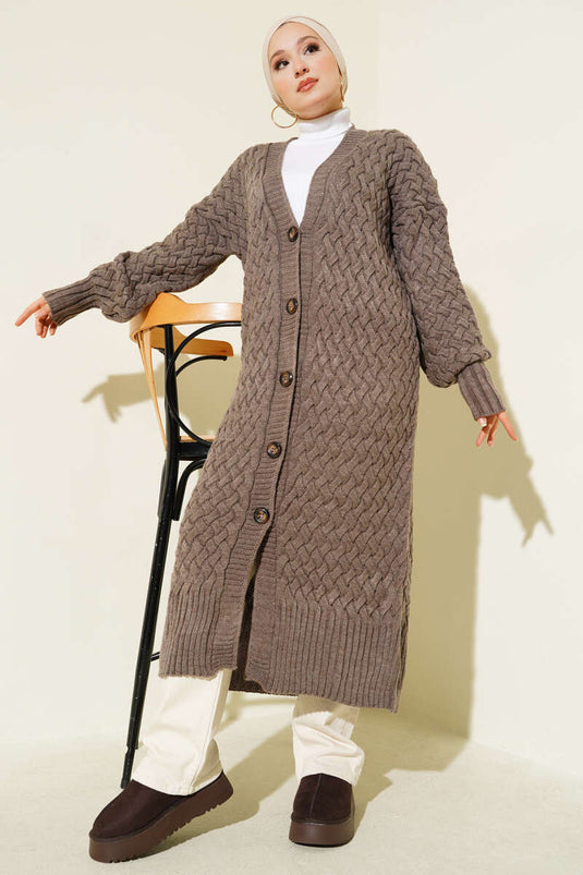 Basket Knit Long Cardigan with Buttons All Along Mink