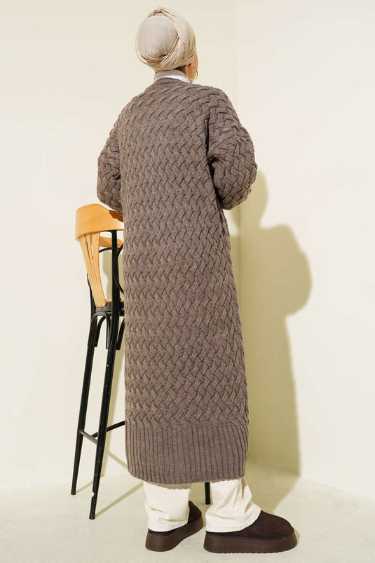 Gilet long en maille panier avec boutons sur toute la longueur, couleur vison