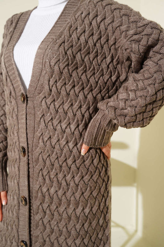 Basket Knit Long Cardigan with Buttons All Along Mink