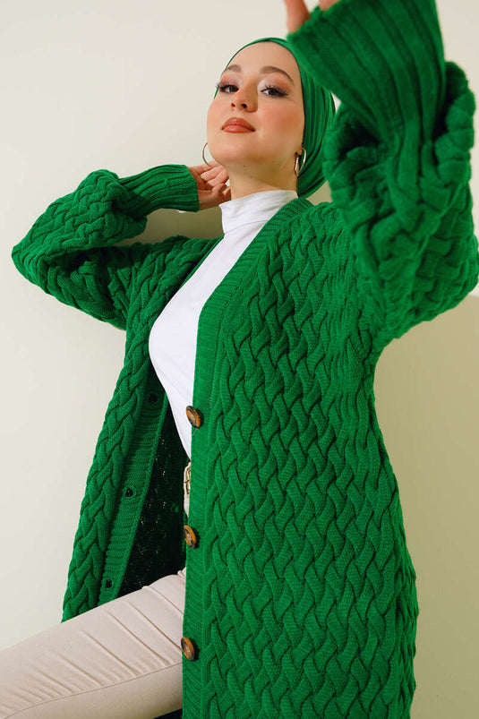 Boydan Düğmeli Sepet Örgü Uzun Hırka Yeşil