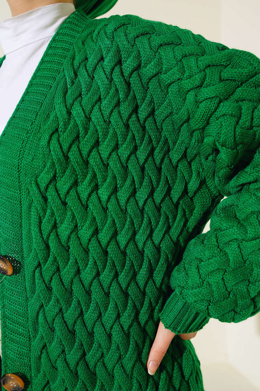 Boydan Düğmeli Sepet Örgü Uzun Hırka Yeşil