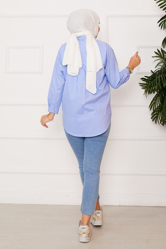 Boydan Düğmeli Spor Gömlek Mavi