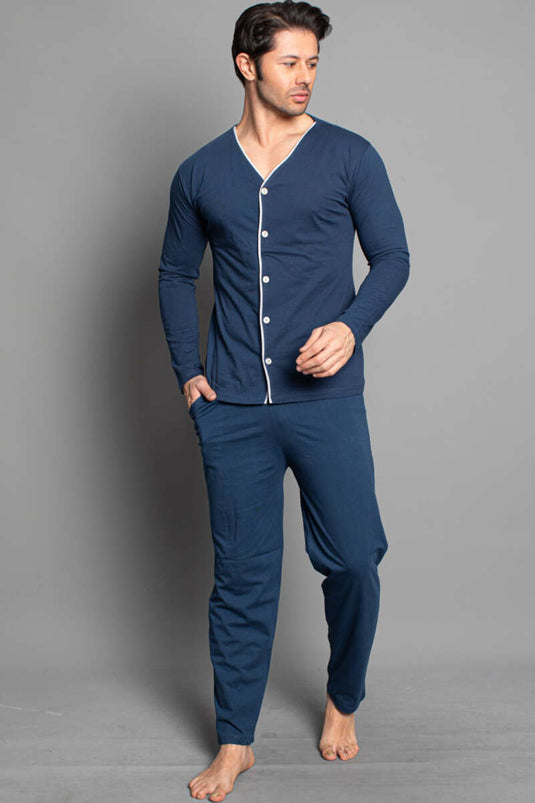 Boydan Düğmeli Uzun Kol Erkek Pijama Takım İndigo