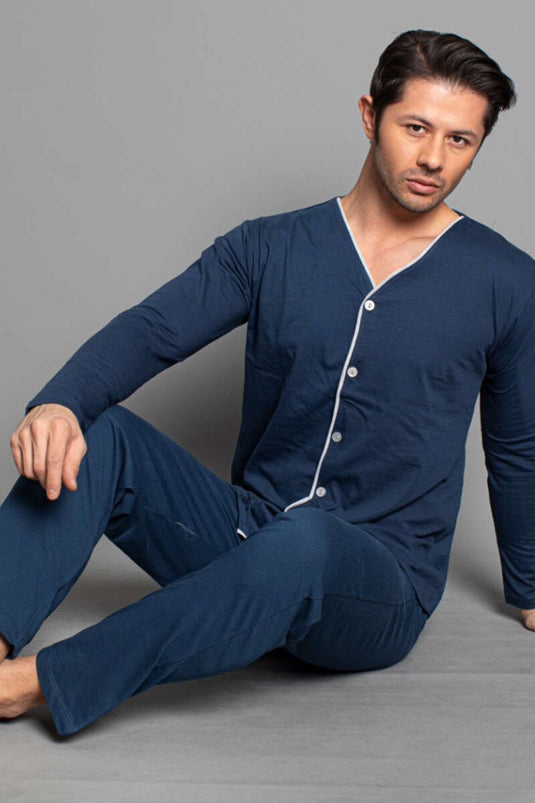 Boydan Düğmeli Uzun Kol Erkek Pijama Takım İndigo