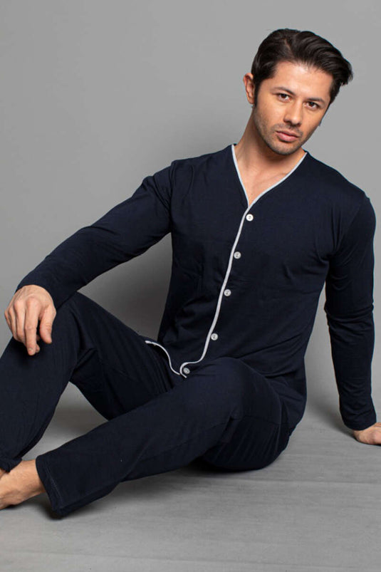 Boydan Düğmeli Uzun Kol Erkek Pijama Takım Lacivert Bordo