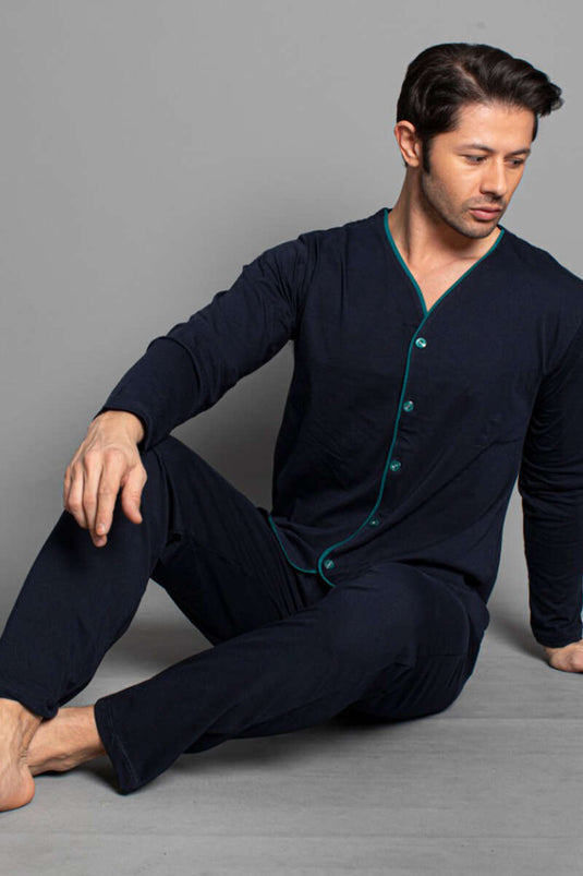 Boydan Düğmeli Uzun Kol Erkek Pijama Takım Lacivert Yeşil