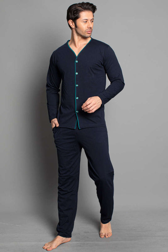 Boydan Düğmeli Uzun Kol Erkek Pijama Takım Lacivert Yeşil