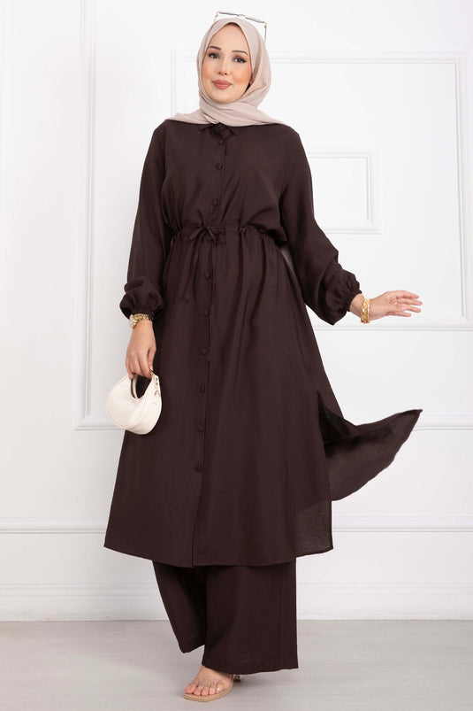 Ensemble Long Tunique Et Pantalon À Boutons Marron