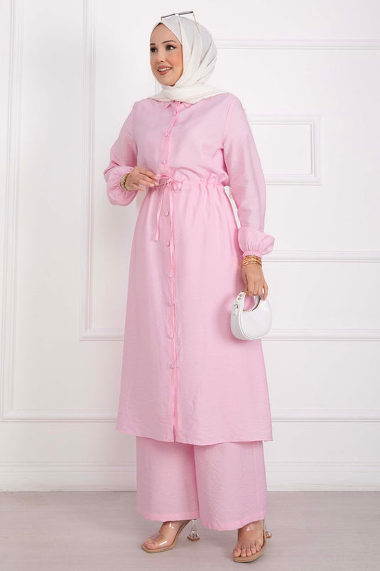 Boydan Düğmeli Uzun Tunik Pantolon Takım Pembe
