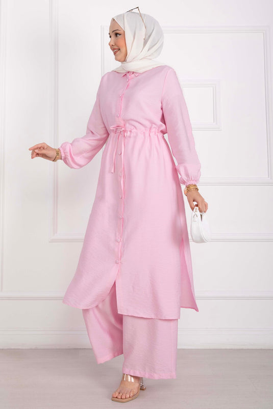 Boydan Düğmeli Uzun Tunik Pantolon Takım Pembe