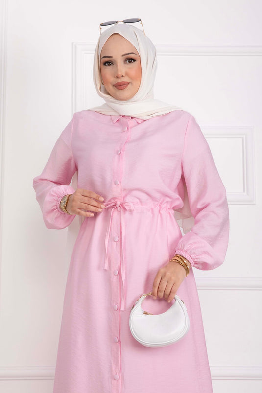 Boydan Düğmeli Uzun Tunik Pantolon Takım Pembe