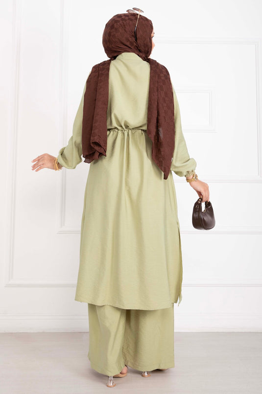 Boydan Düğmeli Uzun Tunik Pantolon Takım Yeşil Olive