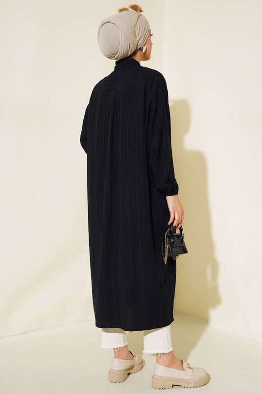 Boydan Düğmeli Uzun Tunik Siyah