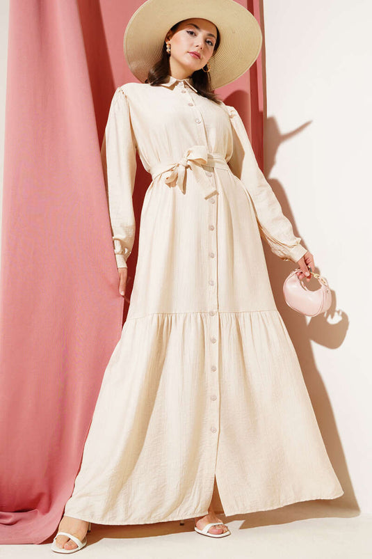 Buttoned Flounce Dress Beige
