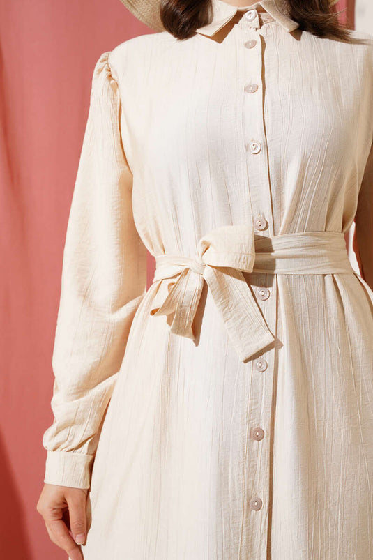 Buttoned Flounce Dress Beige