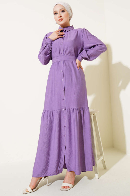 Boydan Düğmeli Volanlı Elbise Lila
