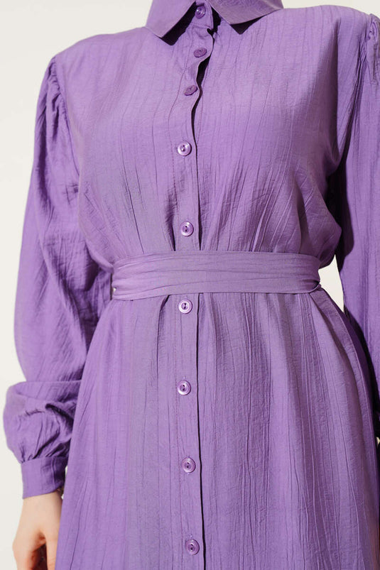 Boydan Düğmeli Volanlı Elbise Lila