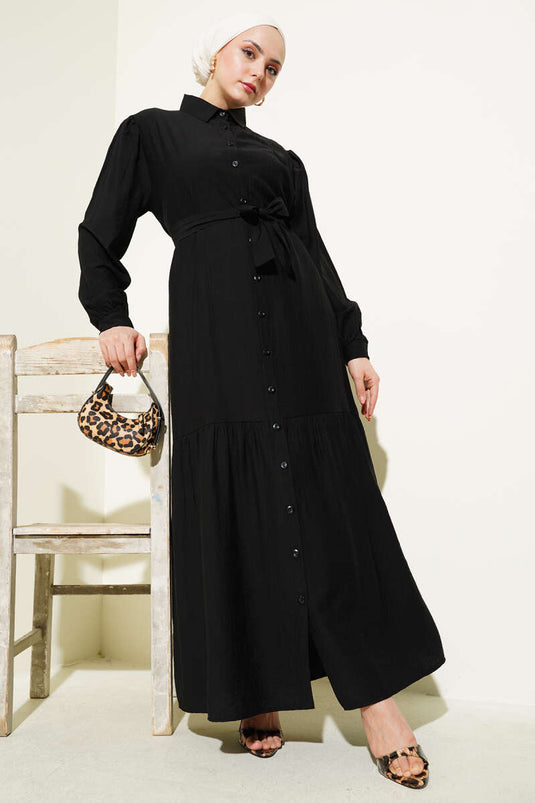 Geknöpftes Volantkleid Schwarz