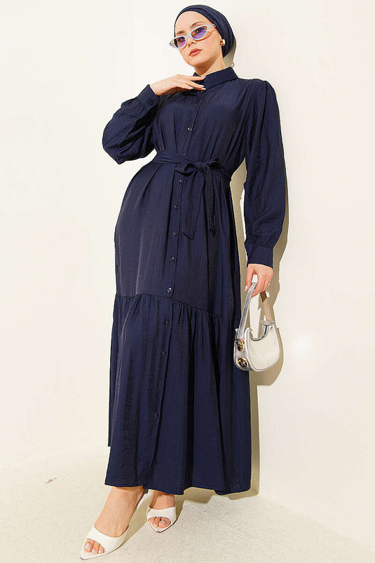 Navy Blue Dress with Full Buttons, Ruffles, and Belt
