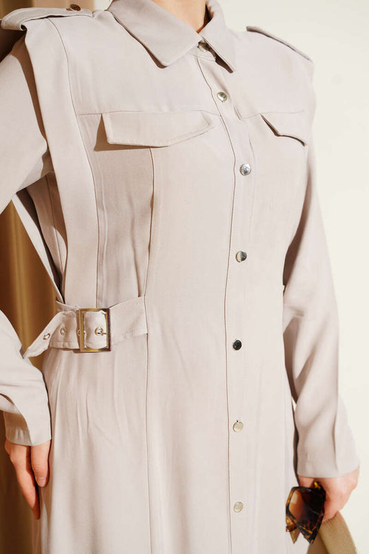 Full-Length Buttoned Side Belt Tencel Dress Stone