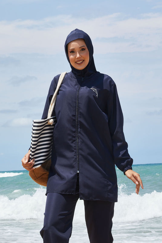 Maillot de bain modeste à taille ajustable et fermeture éclair intégrale, bleu marine clair