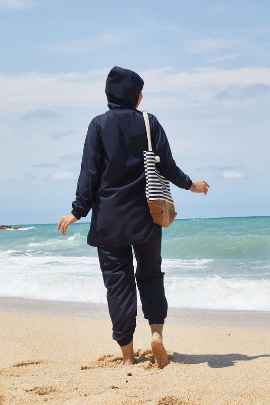 Maillot de bain modeste à taille ajustable et fermeture éclair intégrale, bleu marine clair