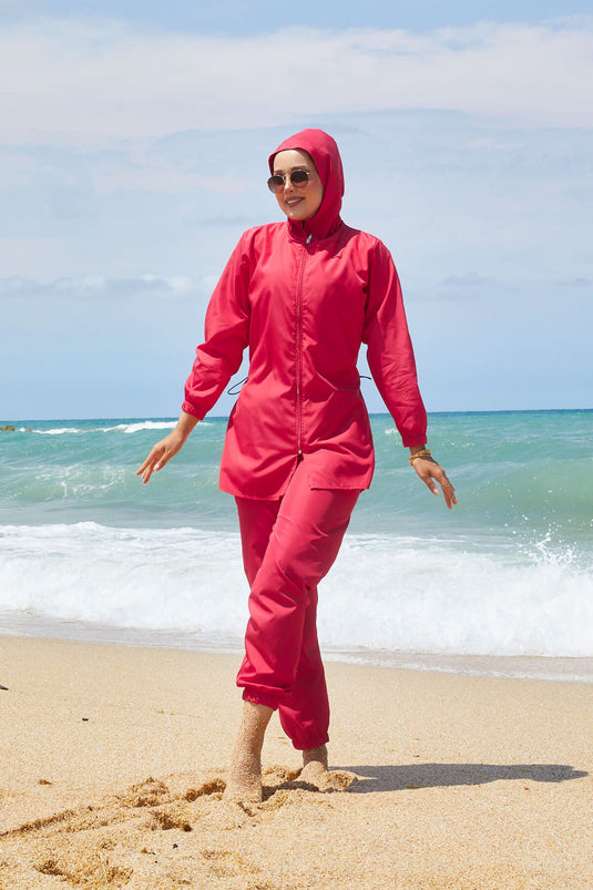 Full Zipper Adjustable Waist Modest Swimsuit Fuchsia