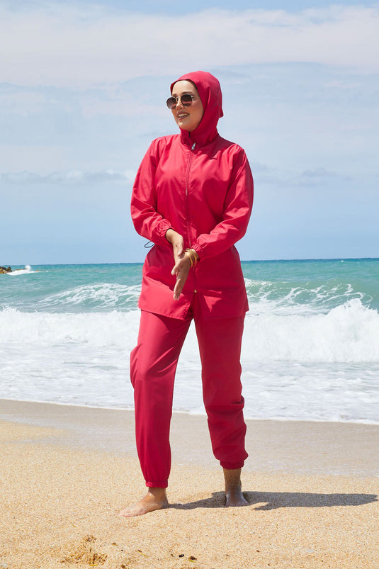 Full Zipper Adjustable Waist Modest Swimsuit Fuchsia