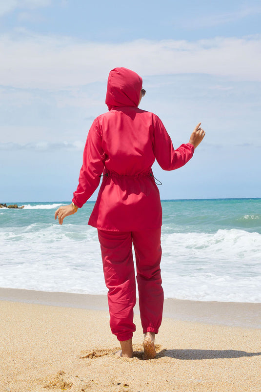 Full Zipper Adjustable Waist Modest Swimsuit Fuchsia