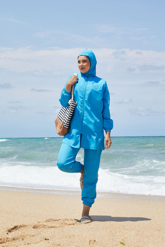 Maillot de bain modeste à taille ajustable et fermeture éclair intégrale, bleu