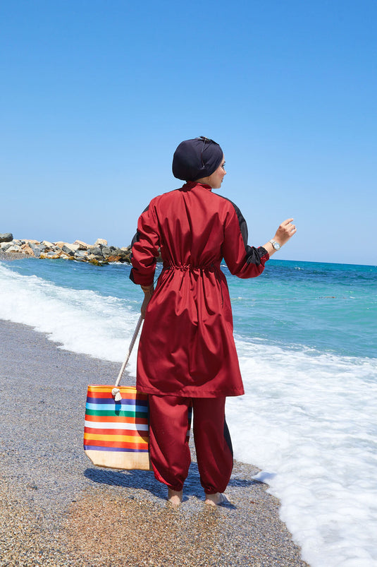 Full Zippered, Garnished Modest Swimsuit in Burgundy