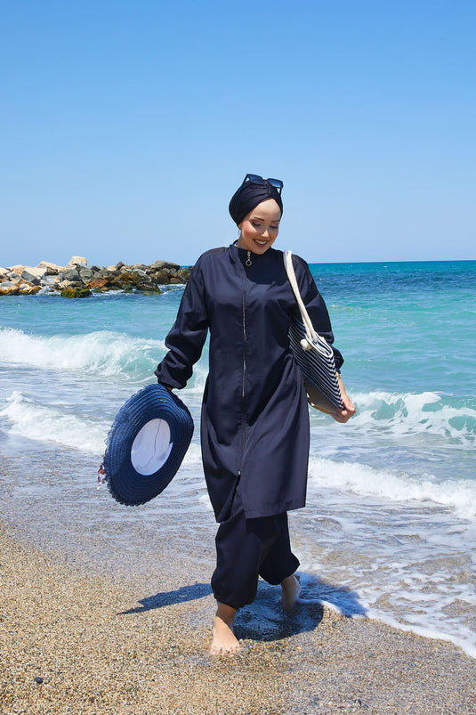 Maillot de bain hijab entièrement zippé et garni, bleu marine