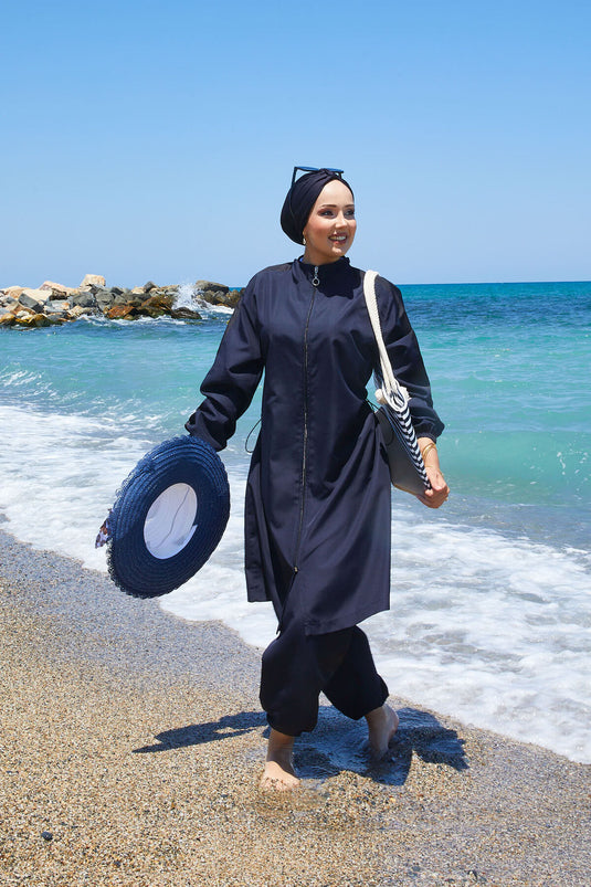 Full Zippered, Garnished Hijab Swimsuit, Navy Blue