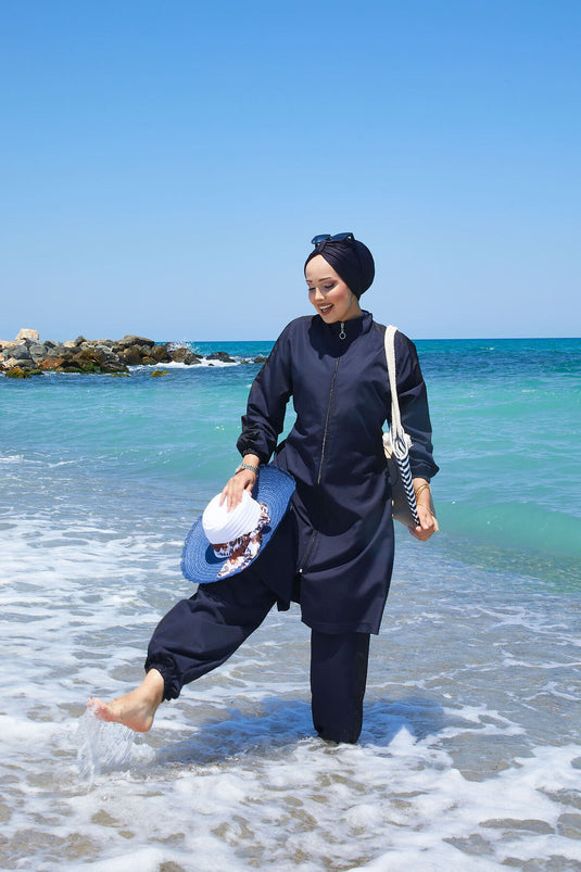 Full Zippered, Garnished Hijab Swimsuit, Navy Blue